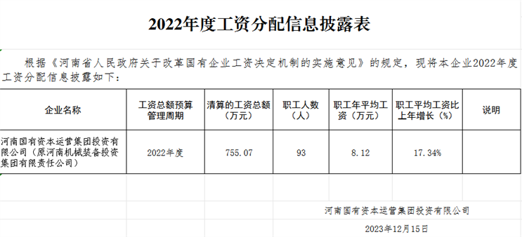 河南國(guó)有資本運(yùn)營(yíng)集團(tuán)投資有限公司工資分配信息披露表